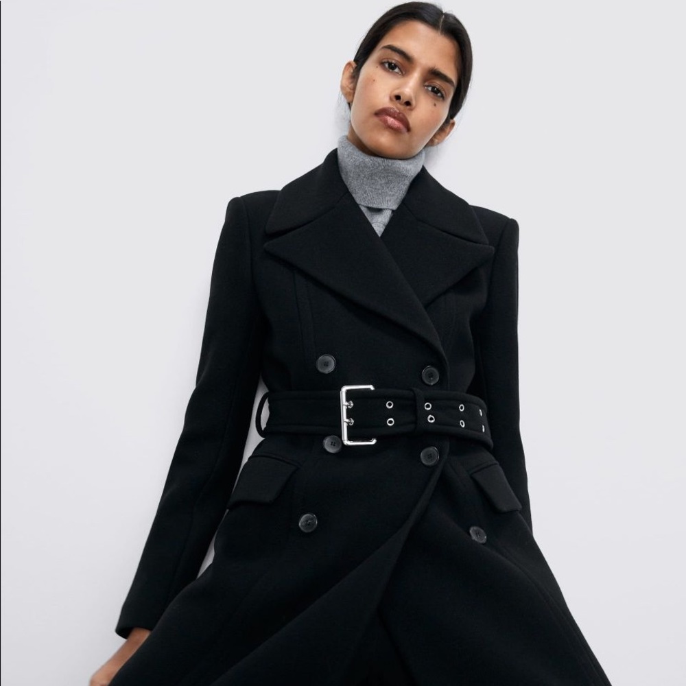 Zara Black Belted Double Breasted Coat buckle belt